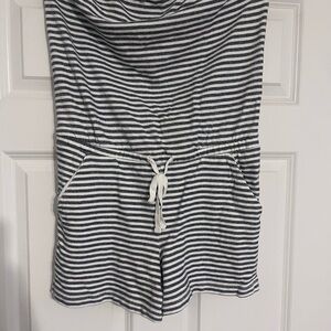 Gap Strapless Terry Cloth Romper White/Gray Striped Pattern Cinch Tie Waist S